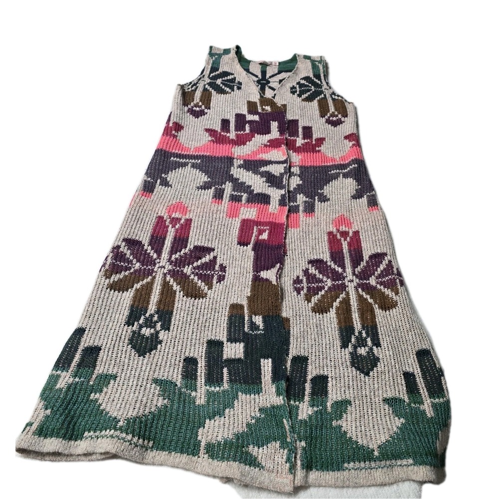Cecilia Prado Knit Long Vest Duster Cardigan Size M Geometric Shimmer Metallic‎